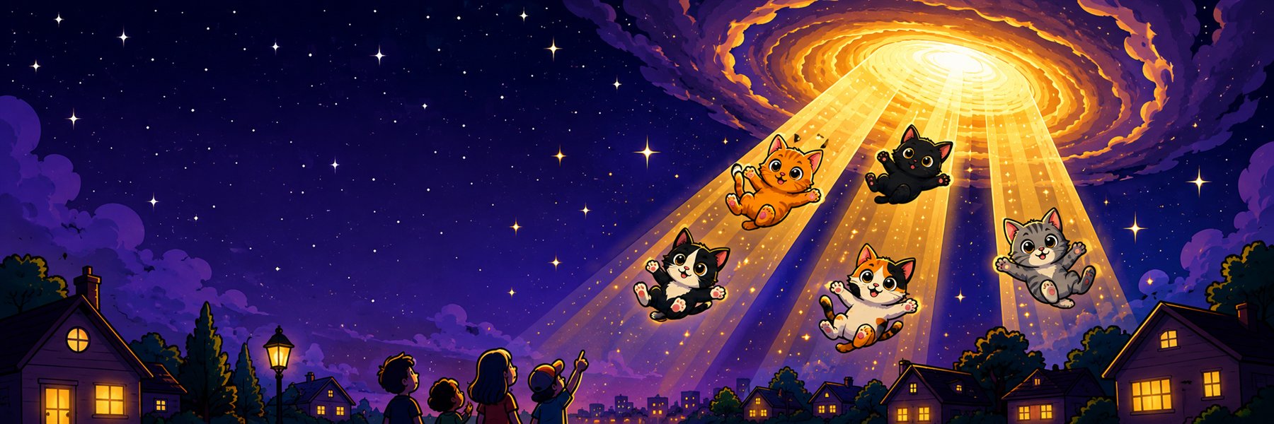 Kittens descending in beams of light over a quiet neighbourhood at night